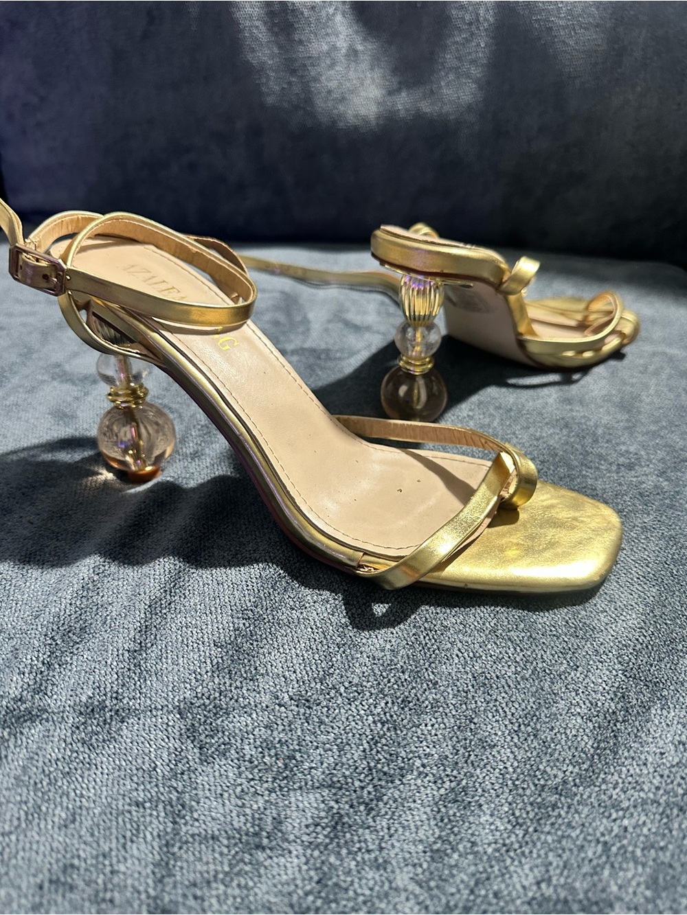 Gold Strappy Heel Sandals with Decorative Lucite Heel - Women